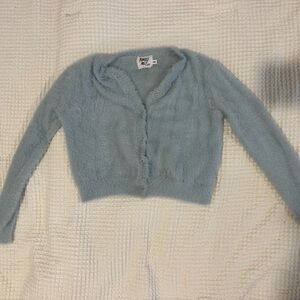 Princess Polly Light Blue Fuzzy Button-Up Cropped Sweater